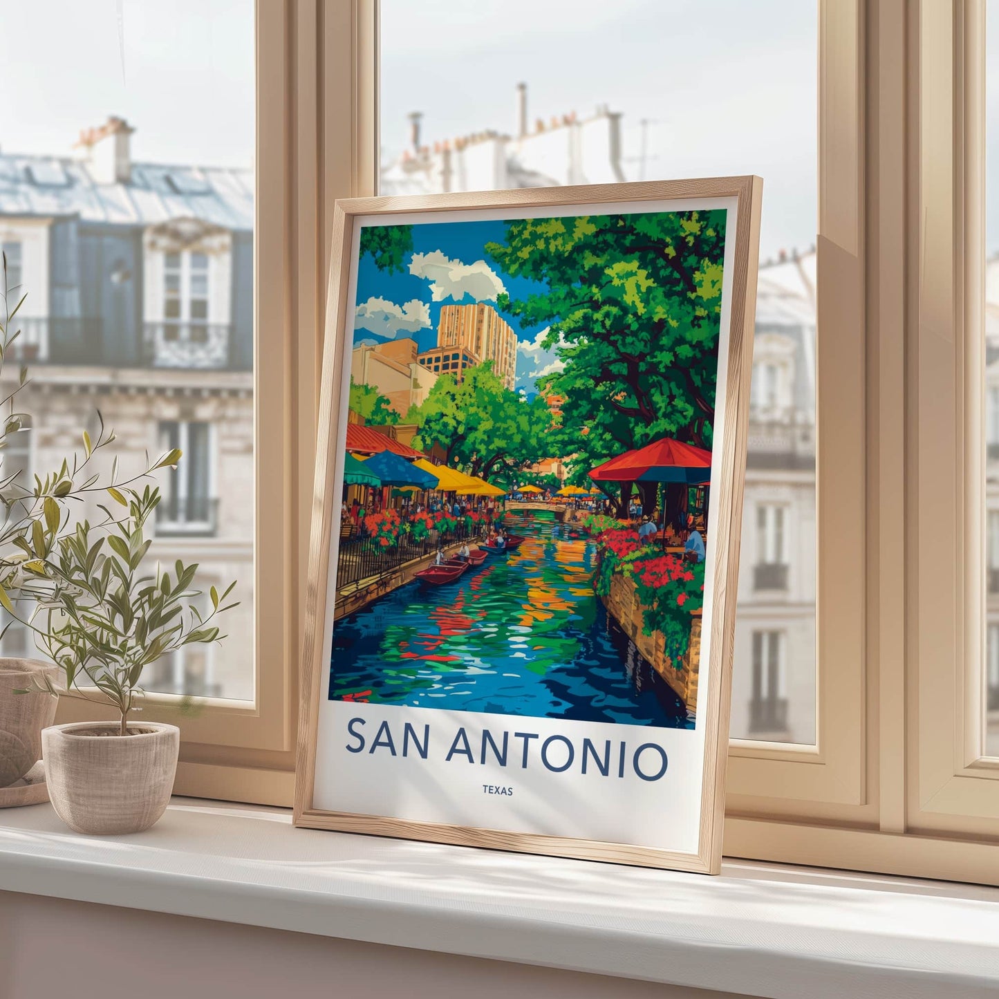 San Antonio Poster - Texas Travel Art - Colorful Riverwalk Scene Home Decor