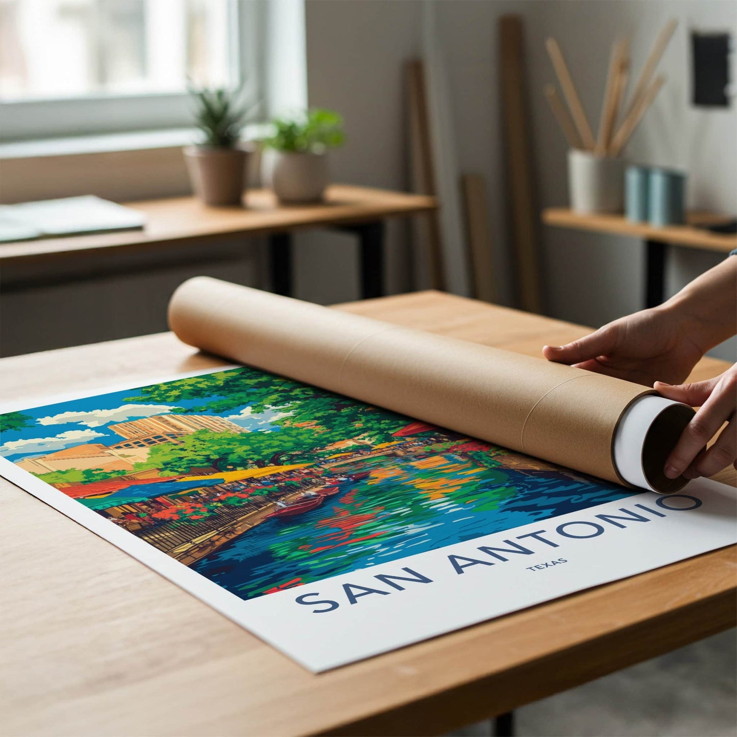 San Antonio Poster - Texas Travel Art - Colorful Riverwalk Scene Home Decor