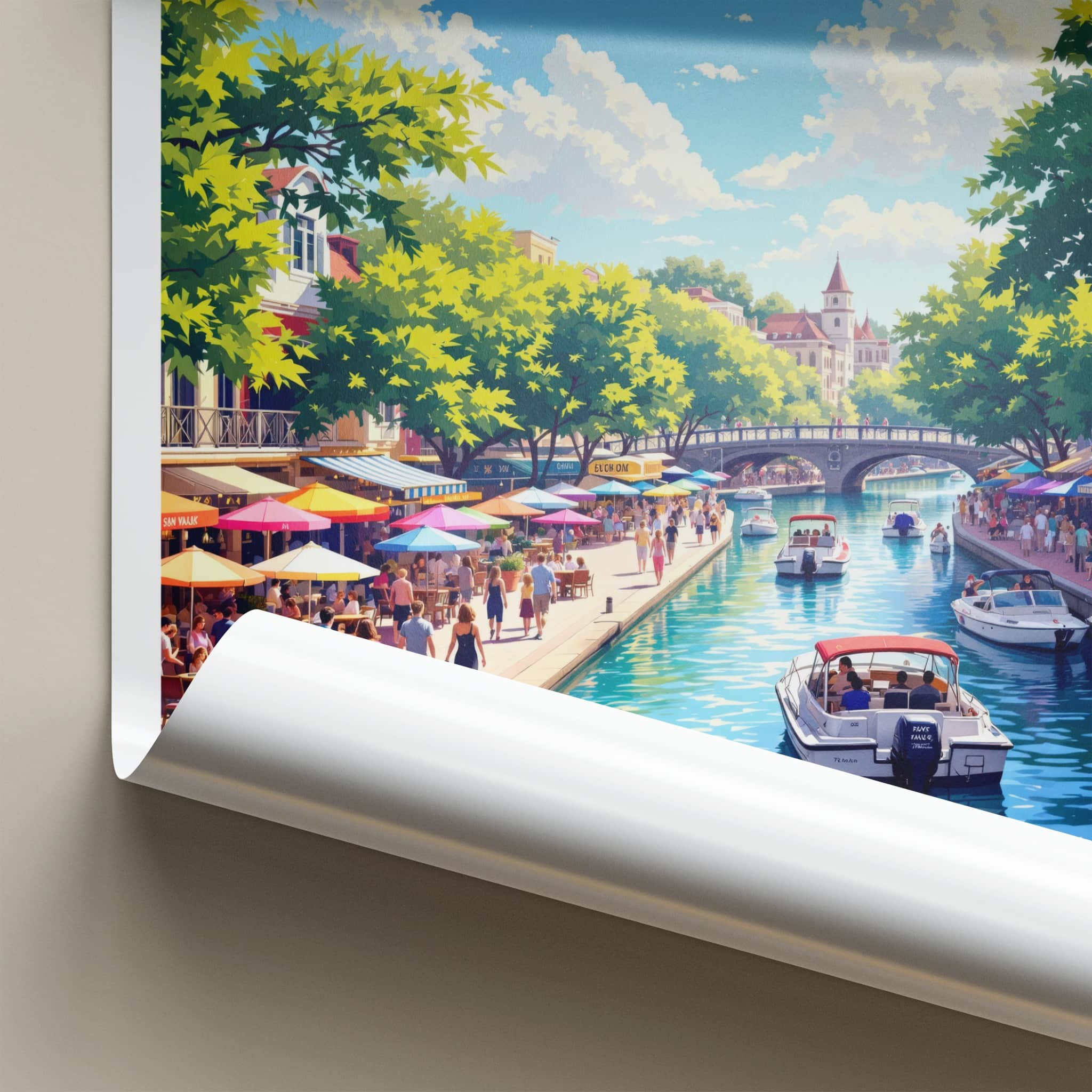 San Antonio Poster - Texas Travel Art - Lively Riverwalk Boats Wall Decor