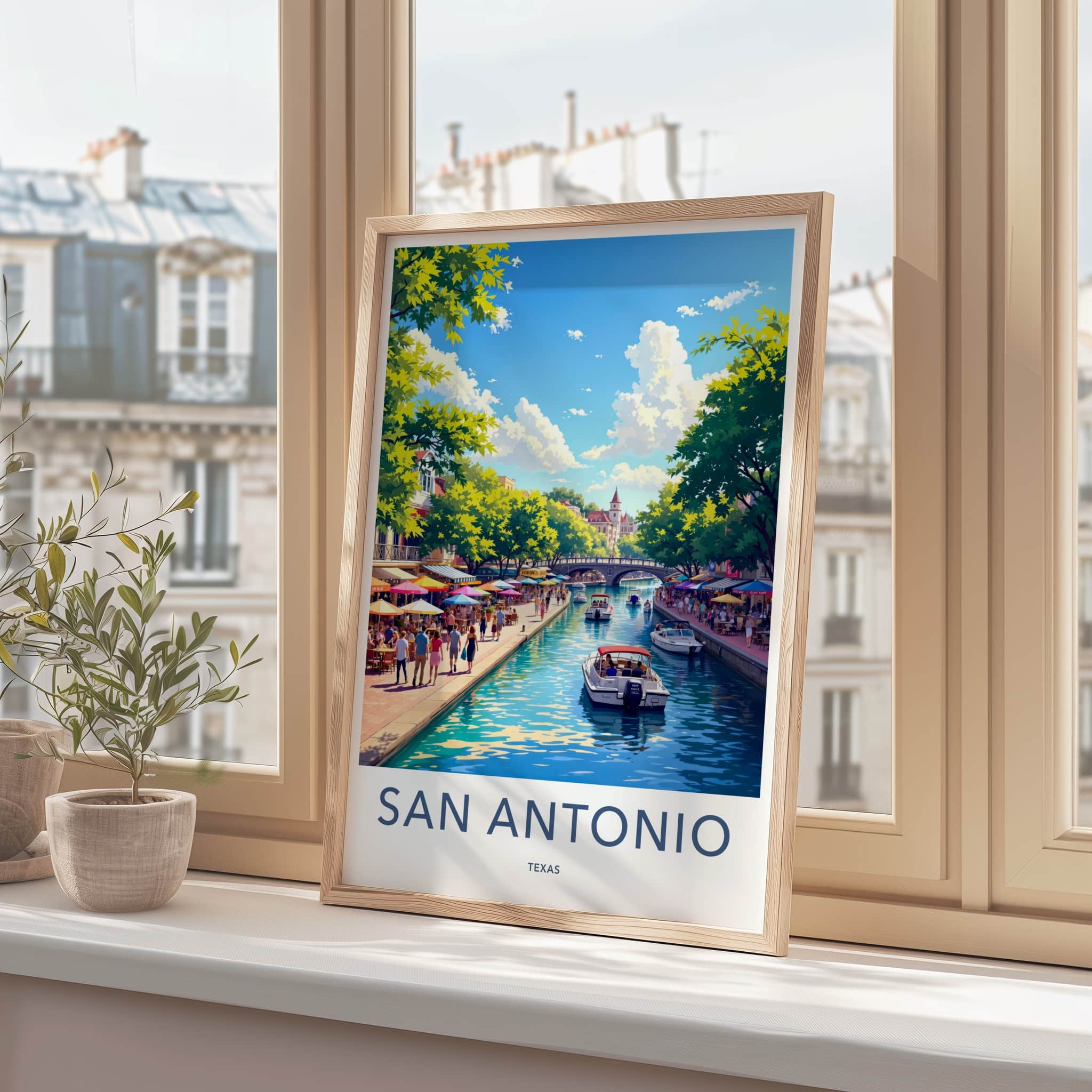 San Antonio Poster - Texas Travel Art - Lively Riverwalk Boats Wall Decor