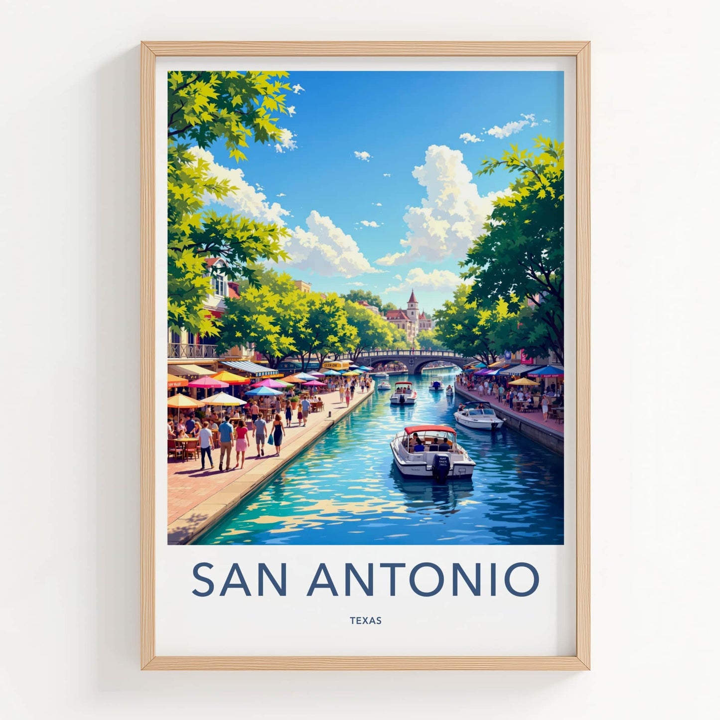 San Antonio Poster - Texas Travel Art - Lively Riverwalk Boats Wall Decor