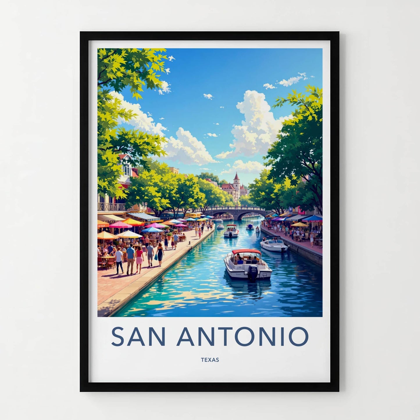 San Antonio Poster - Texas Travel Art - Lively Riverwalk Boats Wall Decor