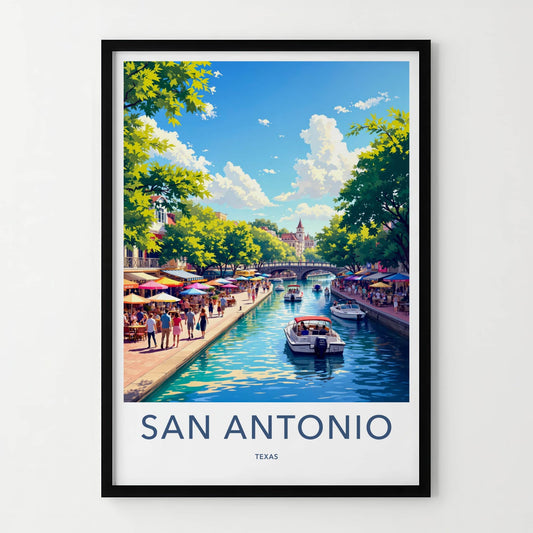 San Antonio Poster - Texas Travel Art - Lively Riverwalk Boats Wall Decor
