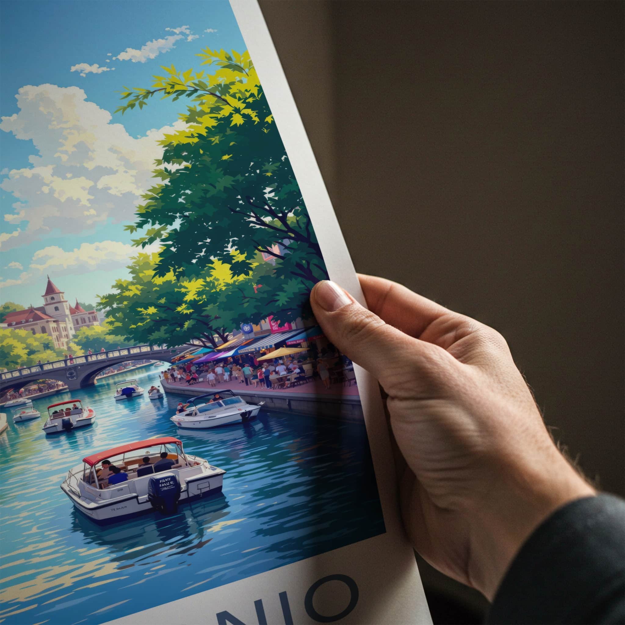 San Antonio Poster - Texas Travel Art - Lively Riverwalk Boats Wall Decor