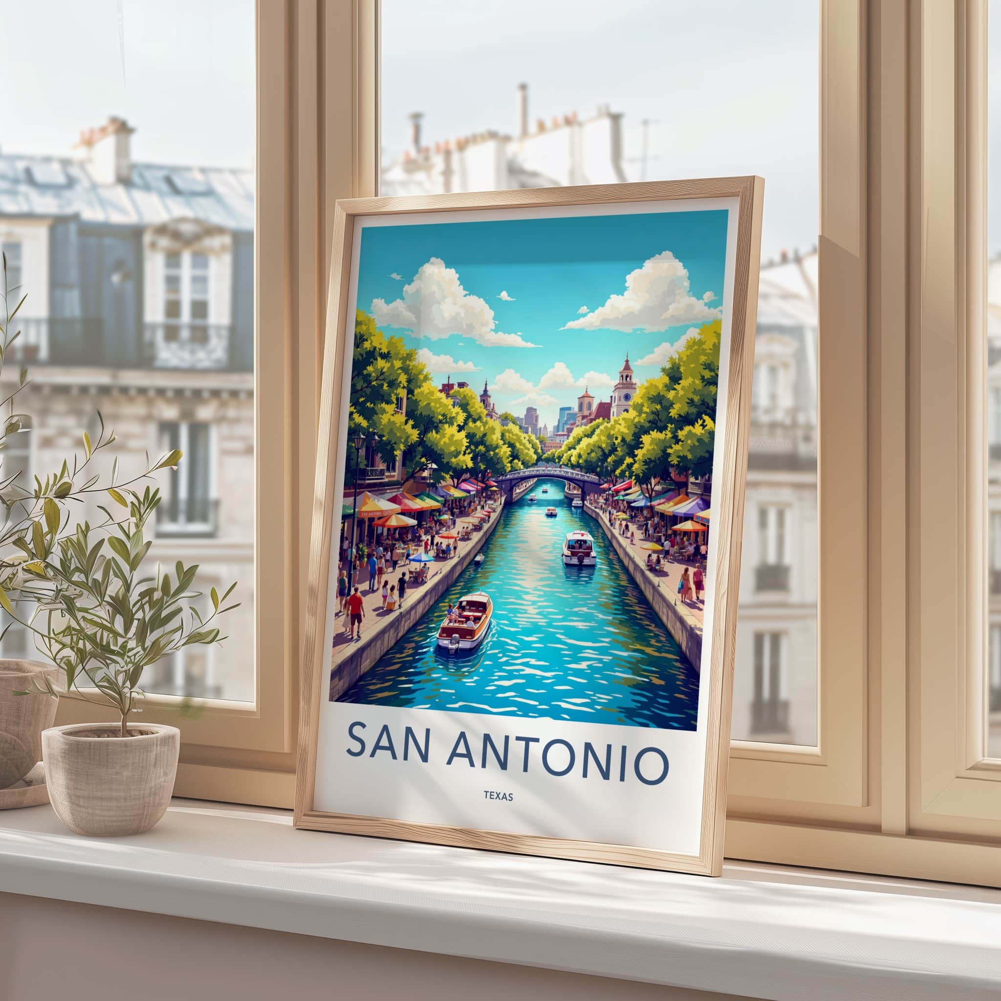 San Antonio Poster - Texas Travel Art - Vibrant Riverwalk Scene Home Decor