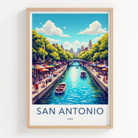 San Antonio Poster - Texas Travel Art - Vibrant Riverwalk Scene Home Decor