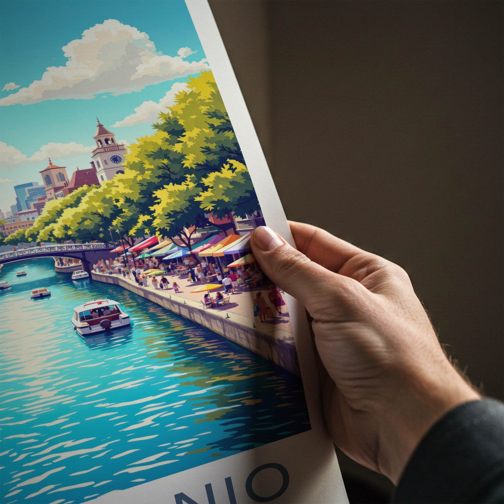 San Antonio Poster - Texas Travel Art - Vibrant Riverwalk Scene Home Decor