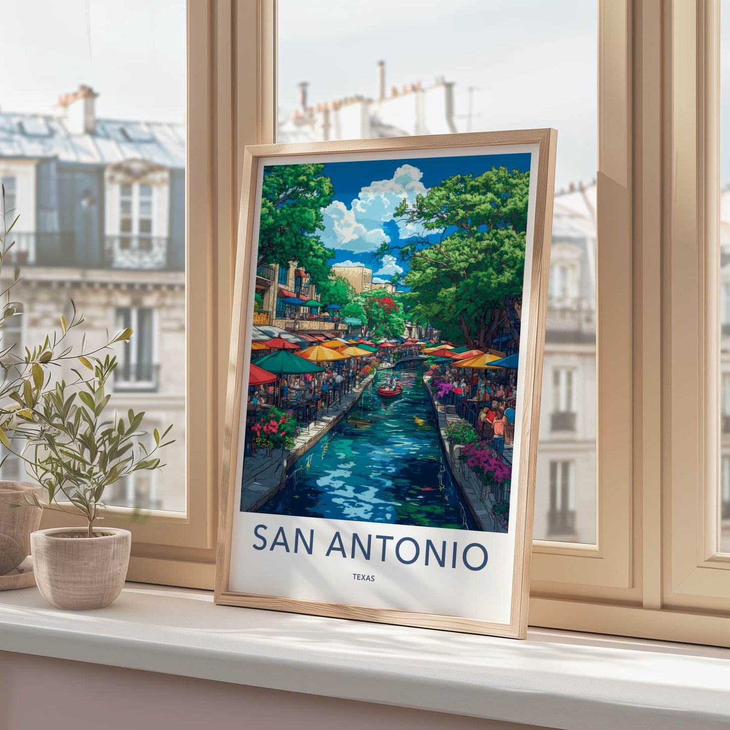 San Antonio Poster - Texas Travel Art - Vibrant Riverwalk Scene Home Decor