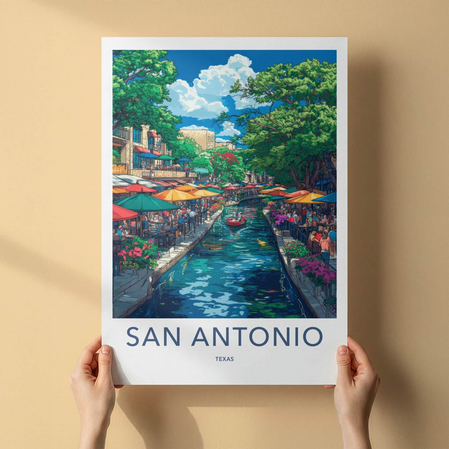San Antonio Poster - Texas Travel Art - Vibrant Riverwalk Scene Home Decor