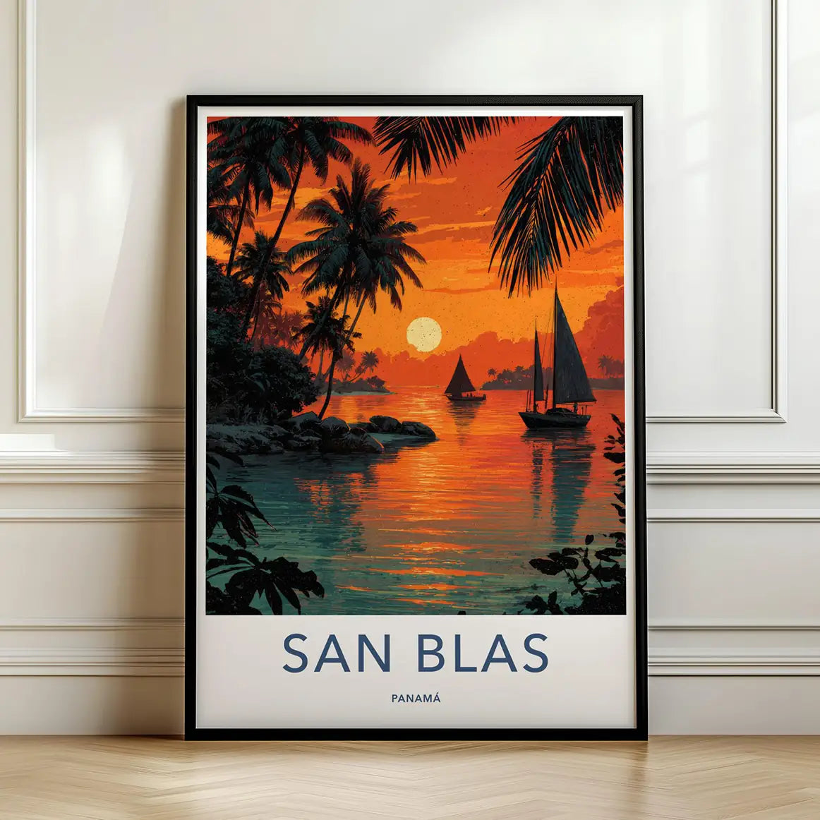 Framed artwork of a sunset over San Blas, Panama with sailboats and palm trees.