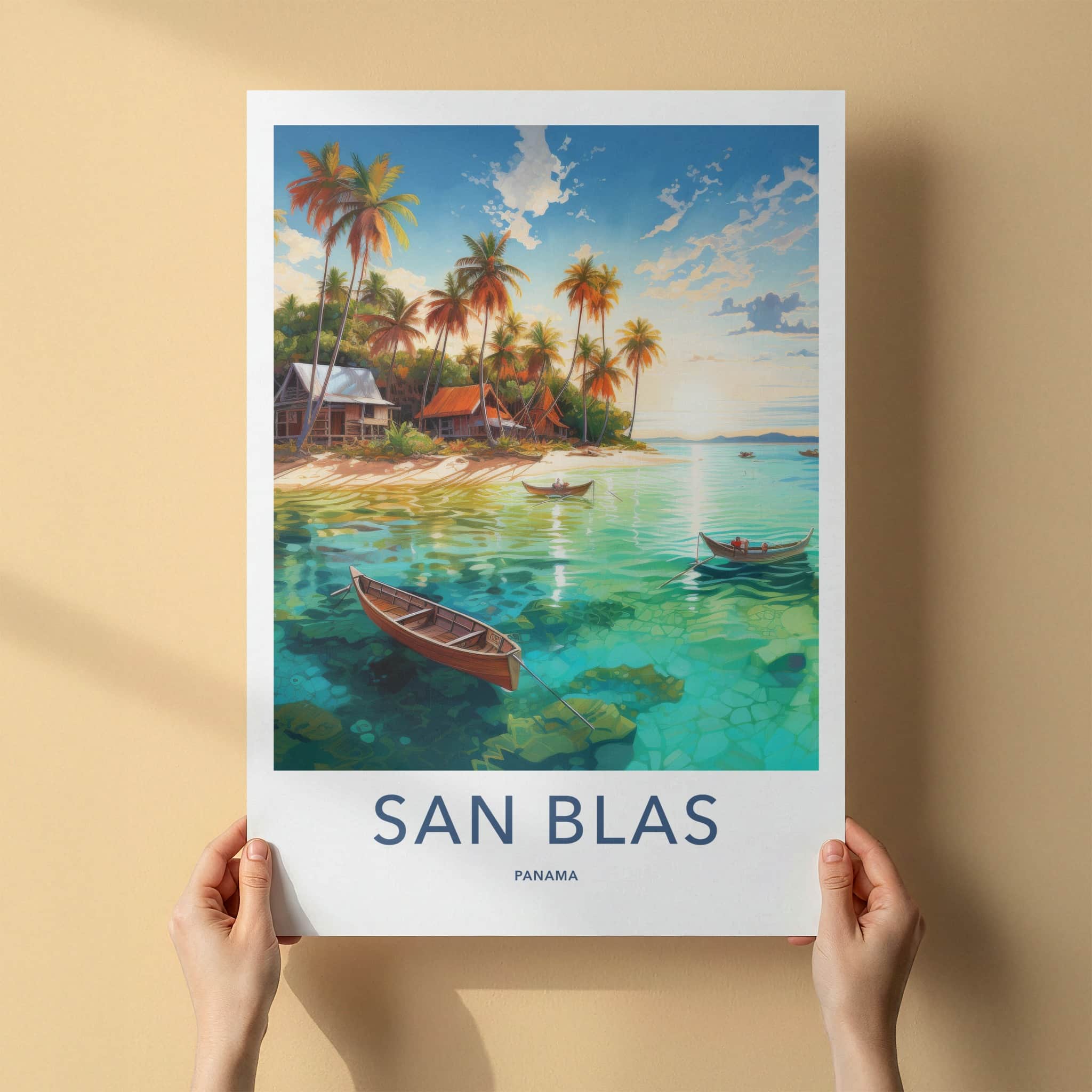 San Blas Poster - Panama Travel Art - Tropical Beach Huts Home Decor