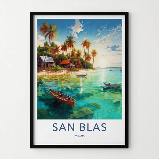 San Blas Poster - Panama Travel Art - Tropical Beach Huts Home Decor