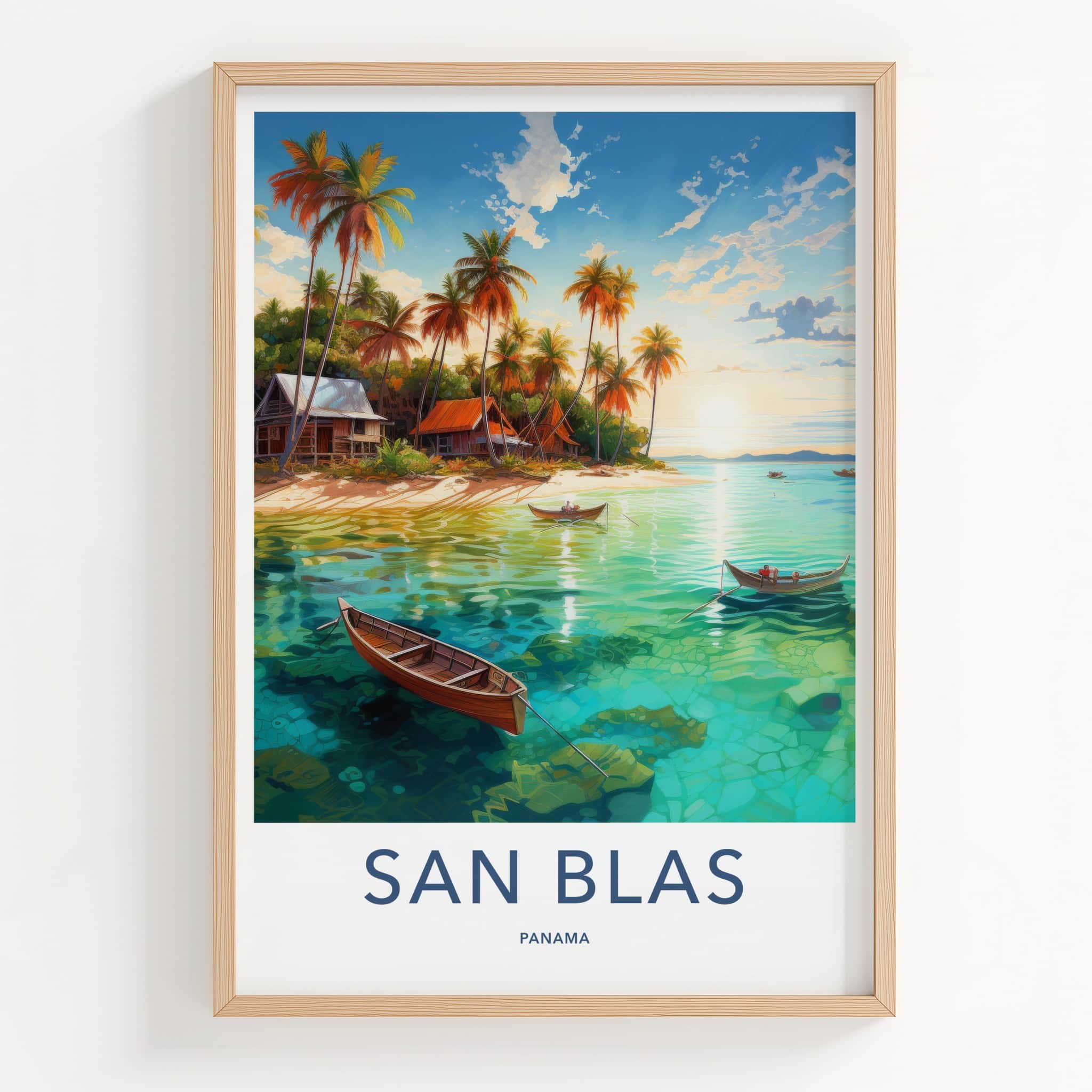 San Blas Poster - Panama Travel Art - Tropical Beach Huts Home Decor