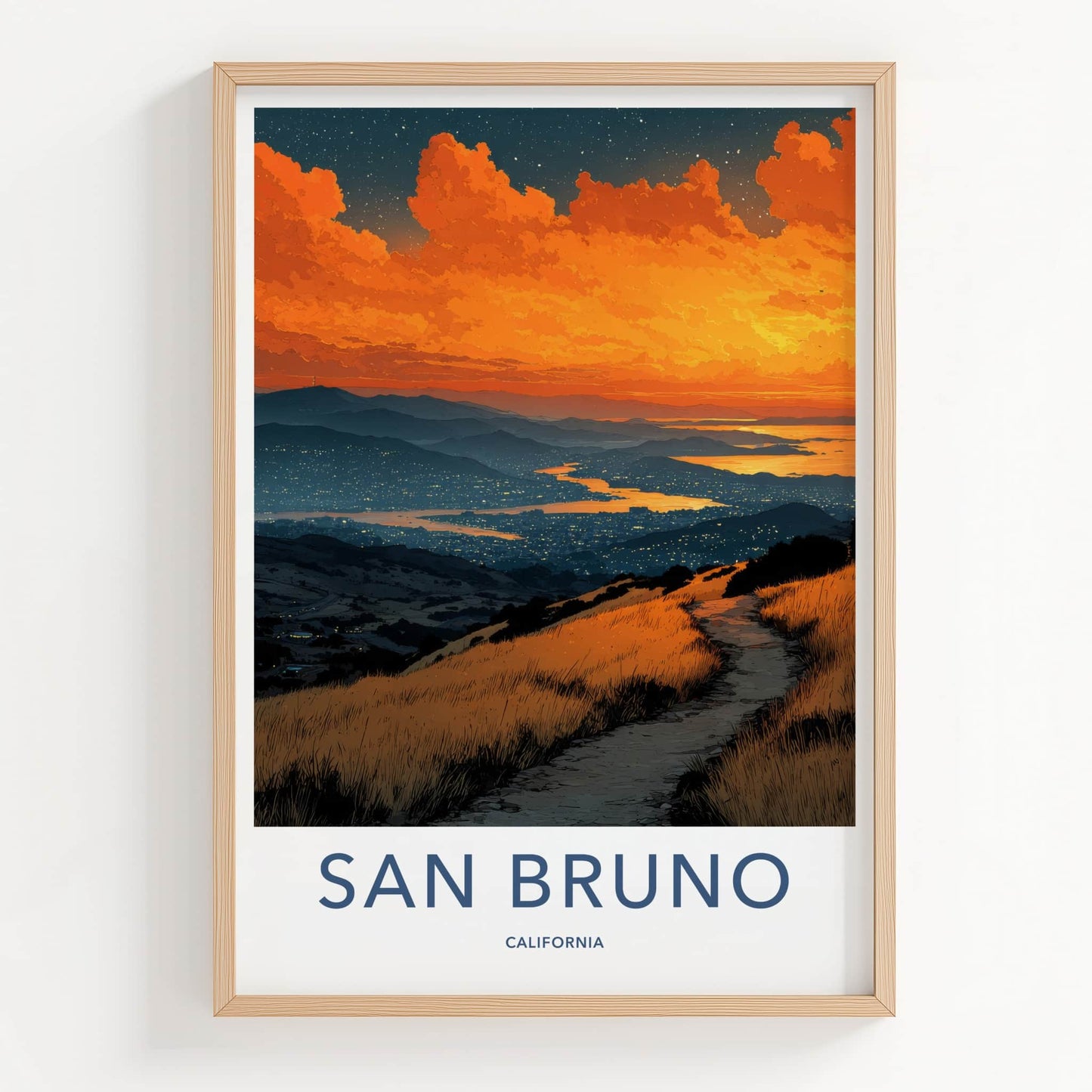 San Bruno Poster - California Travel Art - Fiery Sunset Path Wall Decor