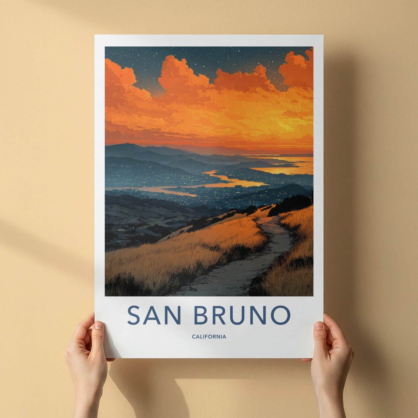 San Bruno Poster - California Travel Art - Fiery Sunset Path Wall Decor