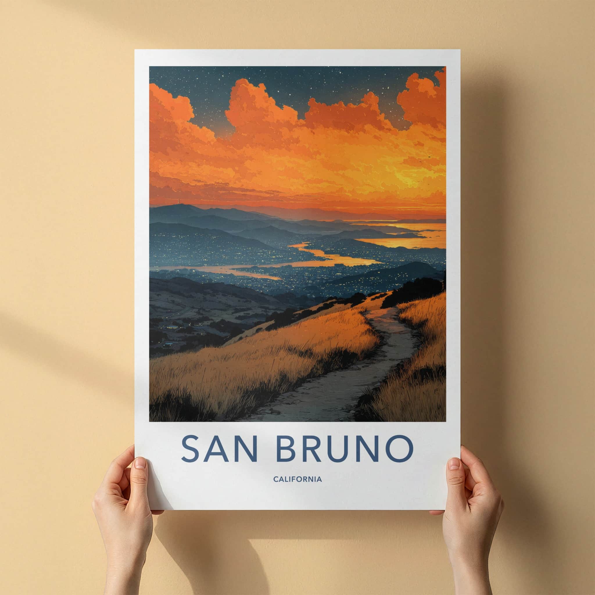 San Bruno Poster - California Travel Art - Fiery Sunset Path Wall Decor