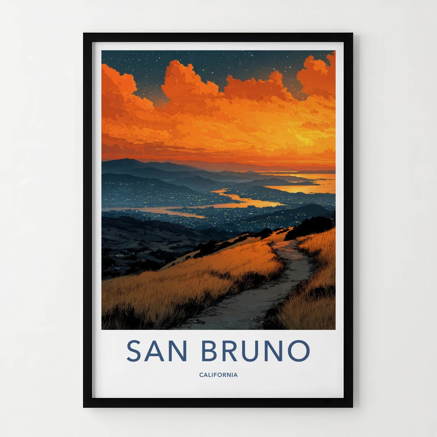 San Bruno Poster - California Travel Art - Fiery Sunset Path Wall Decor