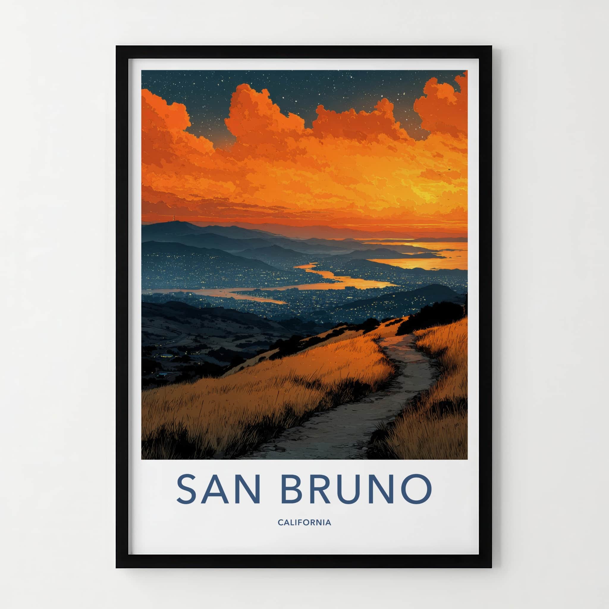San Bruno Poster - California Travel Art - Fiery Sunset Path Wall Decor