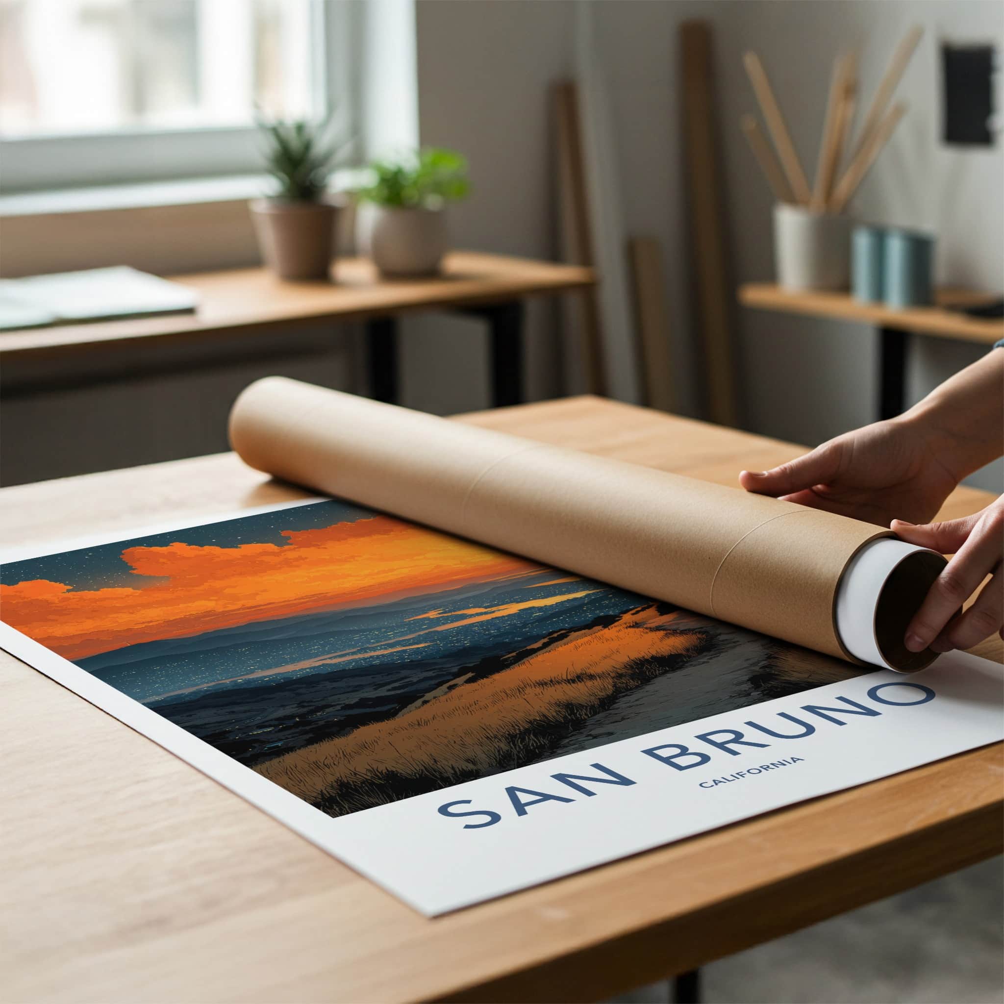 San Bruno Poster - California Travel Art - Fiery Sunset Path Wall Decor