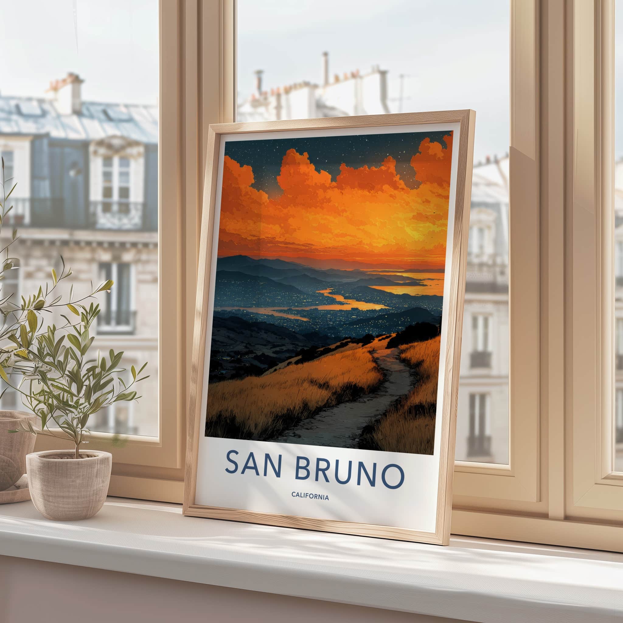 San Bruno Poster - California Travel Art - Fiery Sunset Path Wall Decor