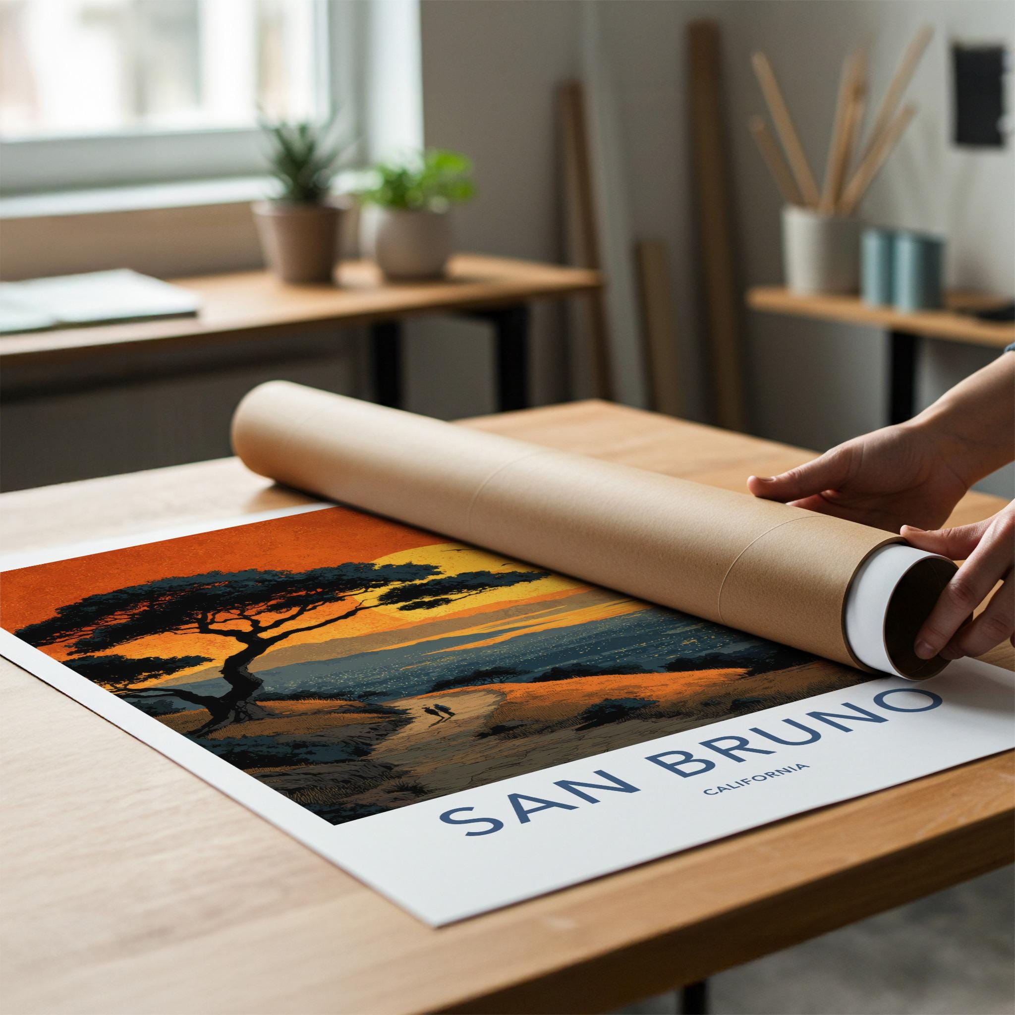 San Bruno Poster - California Travel Art - Sunset City View Home Decor