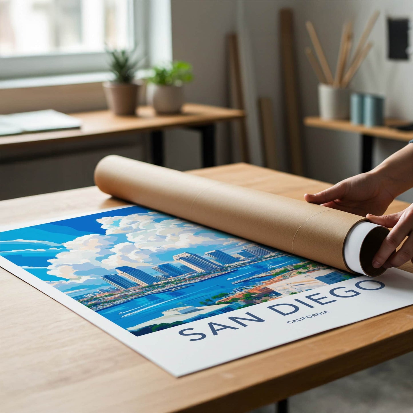 San Diego Poster - California Travel Art - Skyline Marina Clouds Home Decor