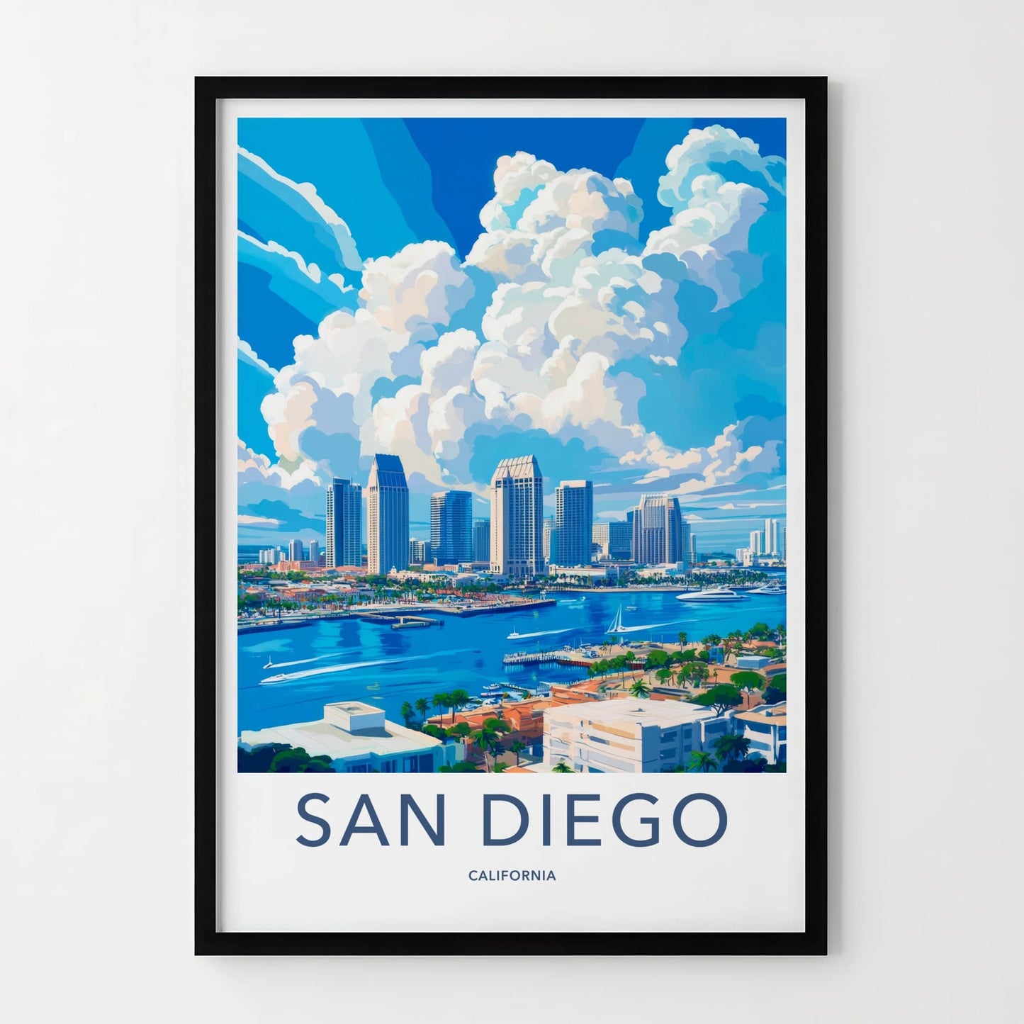 San Diego Poster - California Travel Art - Skyline Marina Clouds Home Decor