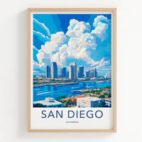 San Diego Poster - California Travel Art - Skyline Marina Clouds Home Decor