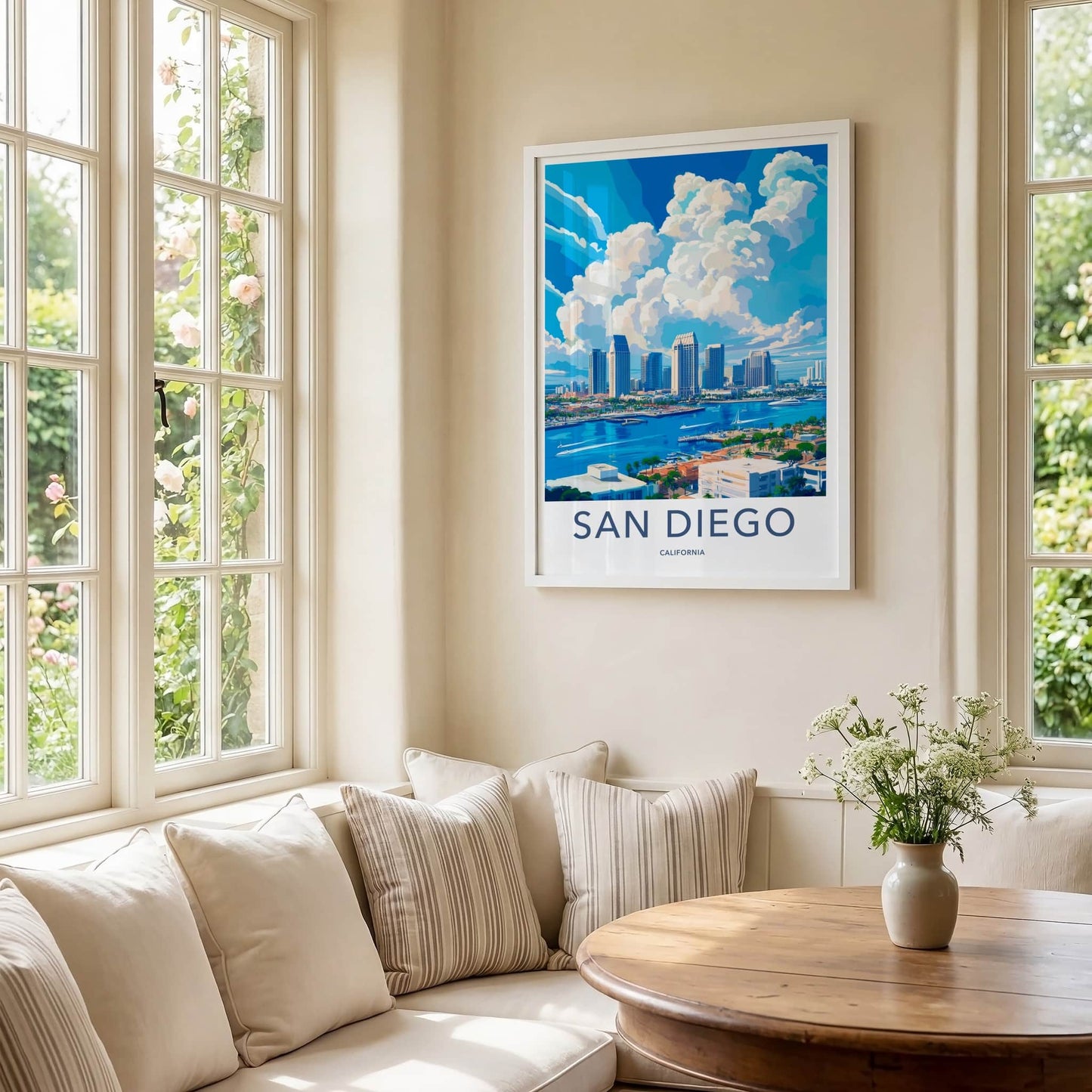 San Diego Poster - California Travel Art - Skyline Marina Clouds Home Decor