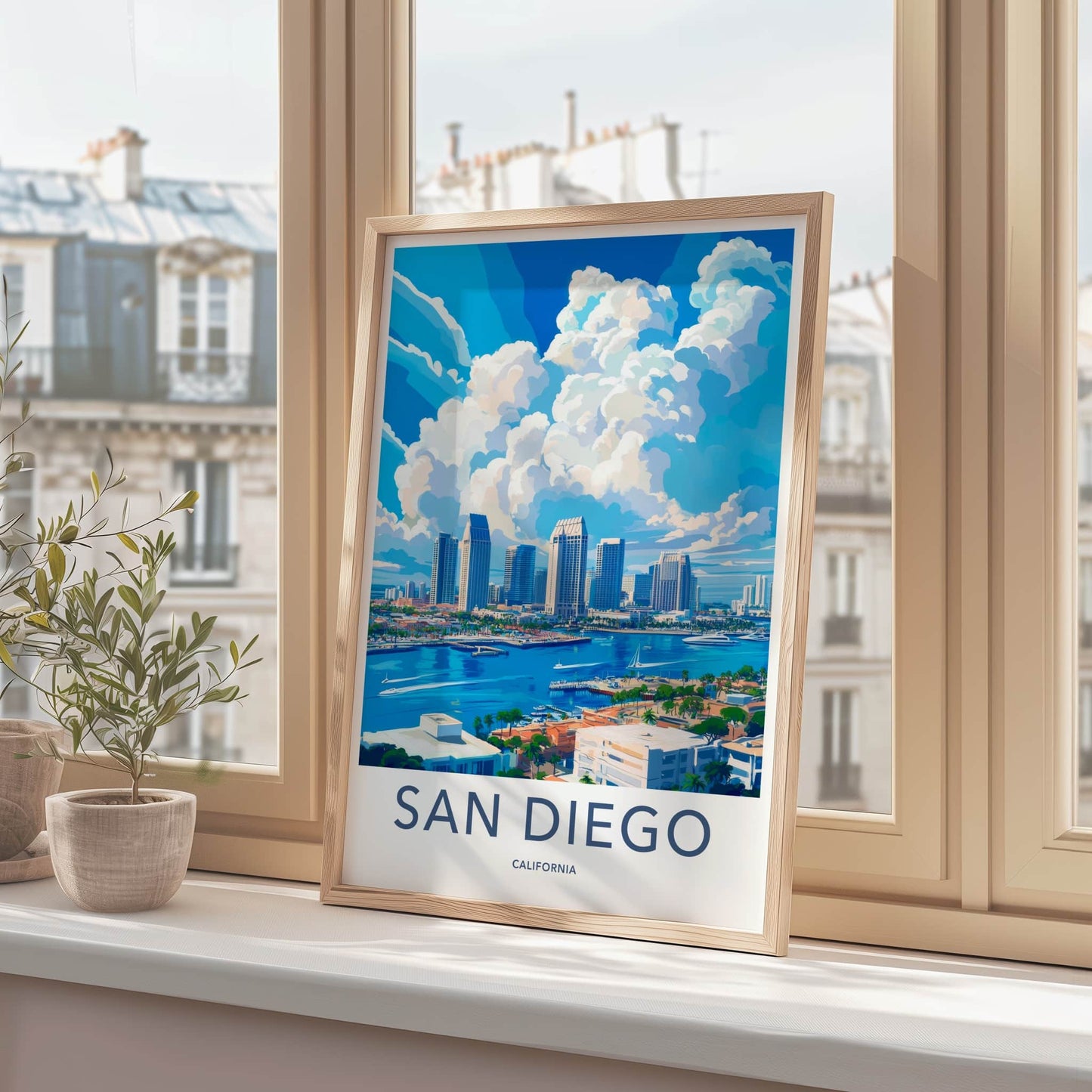 San Diego Poster - California Travel Art - Skyline Marina Clouds Home Decor
