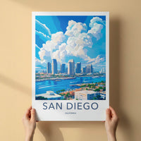 San Diego Poster - California Travel Art - Skyline Marina Clouds Home Decor