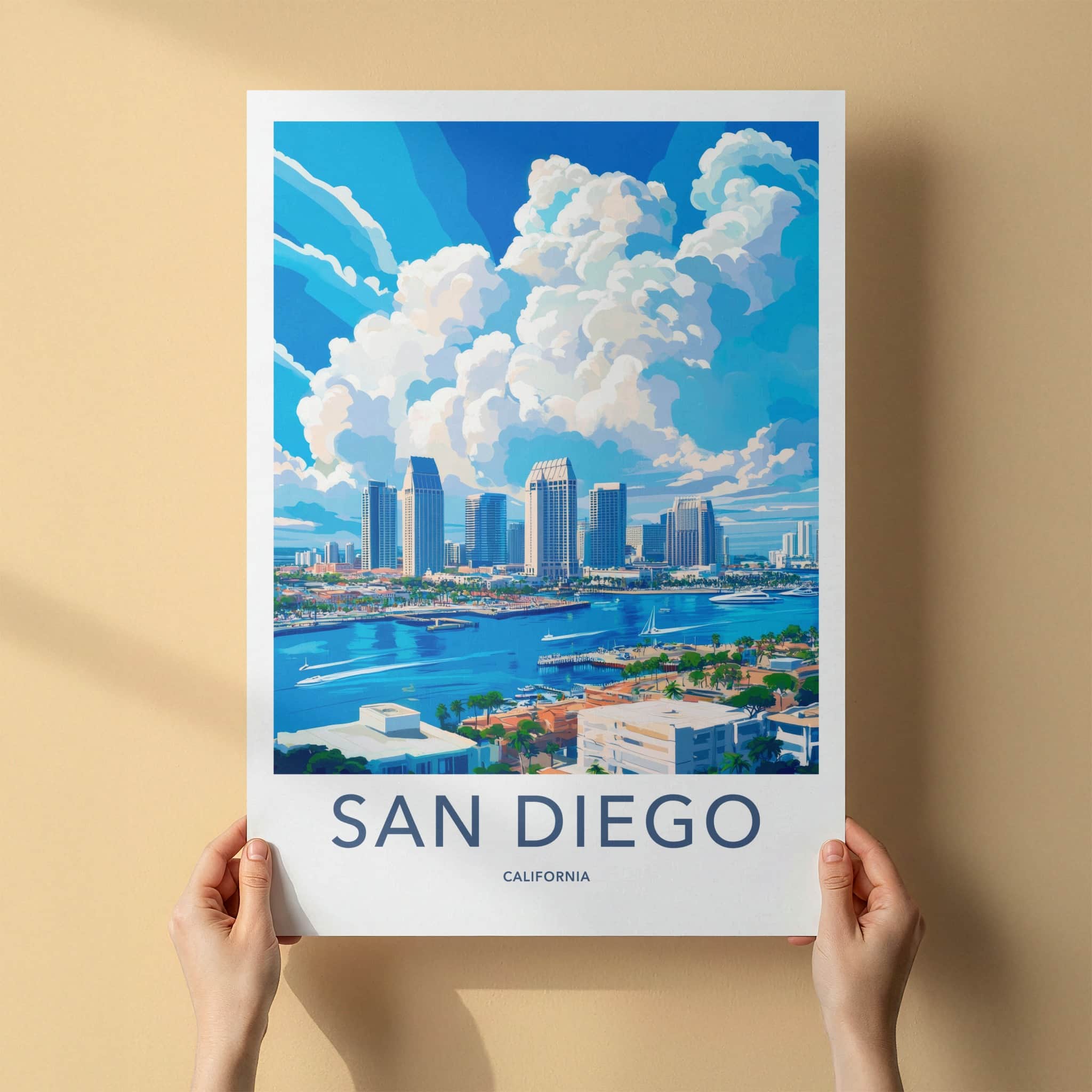 San Diego Poster - California Travel Art - Skyline Marina Clouds Home Decor