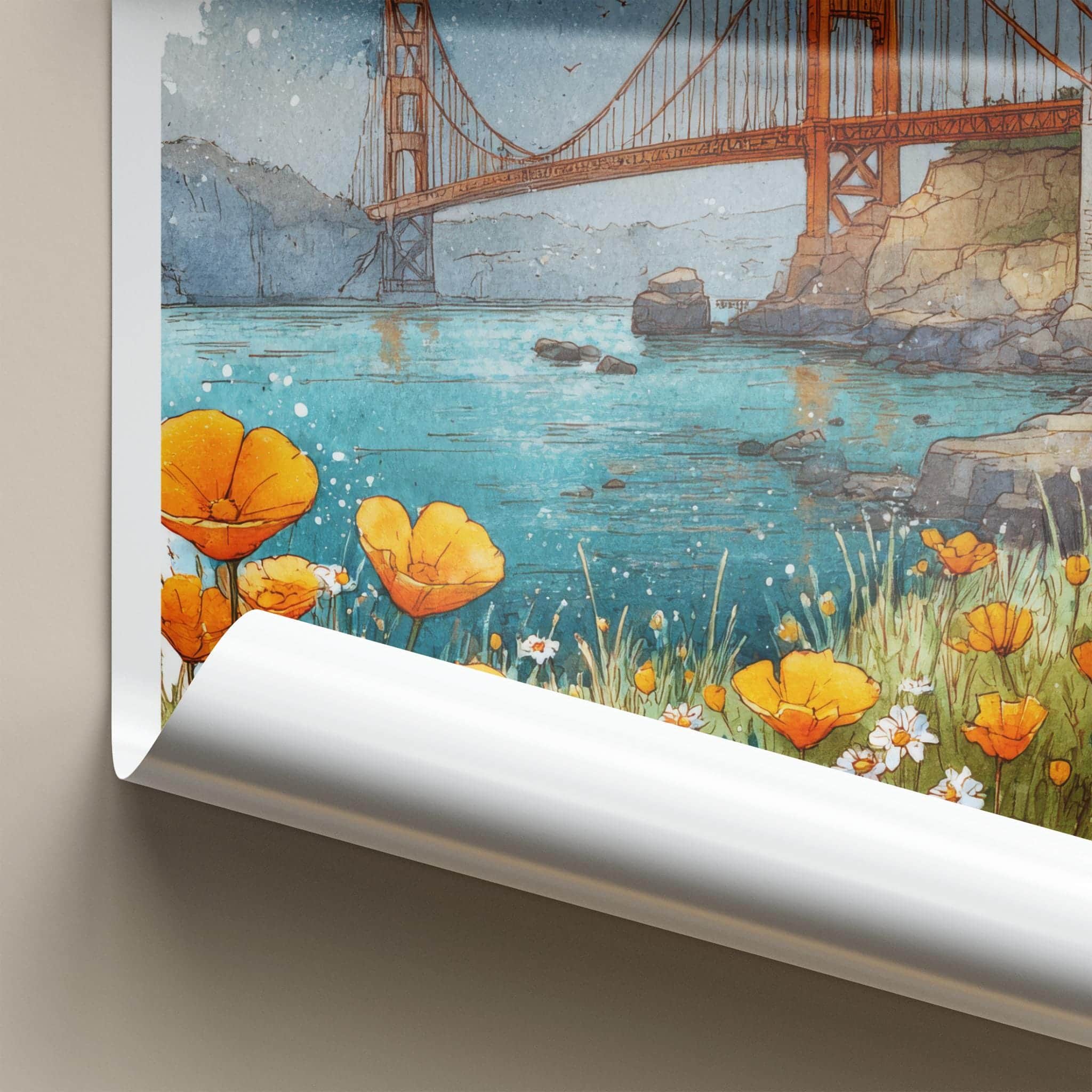 San Francisco Poster - California Travel Art - Golden Gate Poppies Home Decor