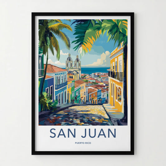 San Juan Poster - Puerto Rico Travel Art - Colorful Street Ocean Home Decor