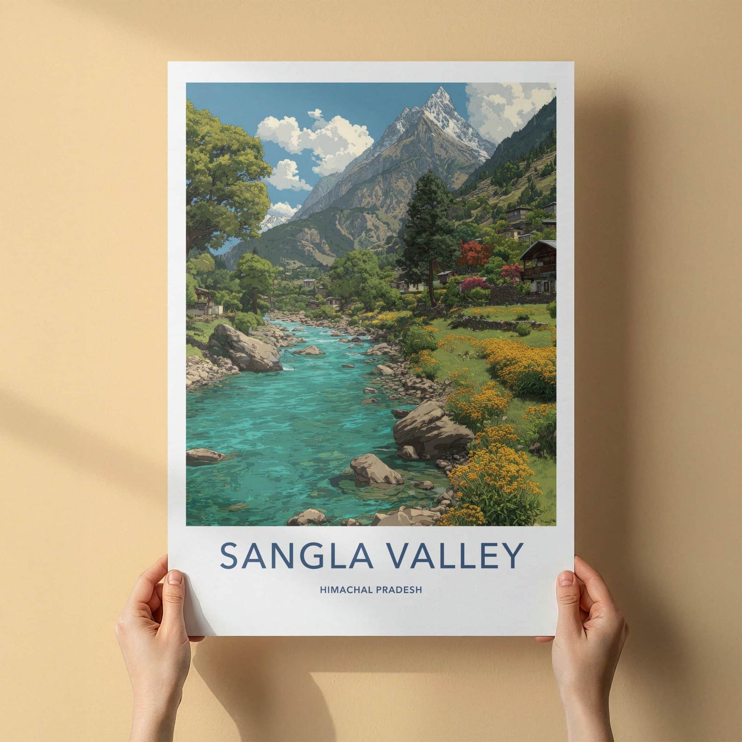 Sangla Valley Poster - India Himachal Pradesh Mountain River Village Wall Art