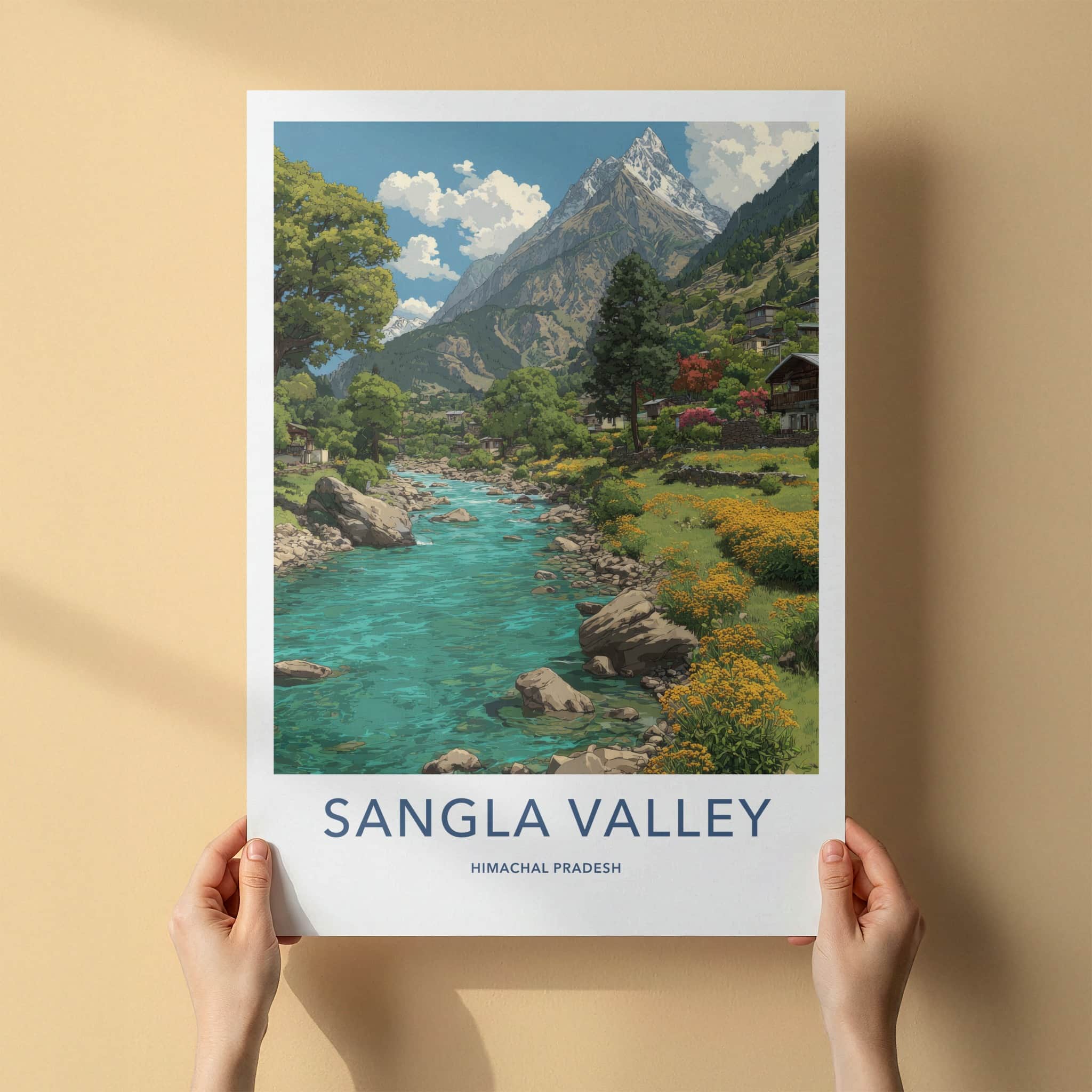 Sangla Valley Poster - India Himachal Pradesh Mountain River Village Wall Art