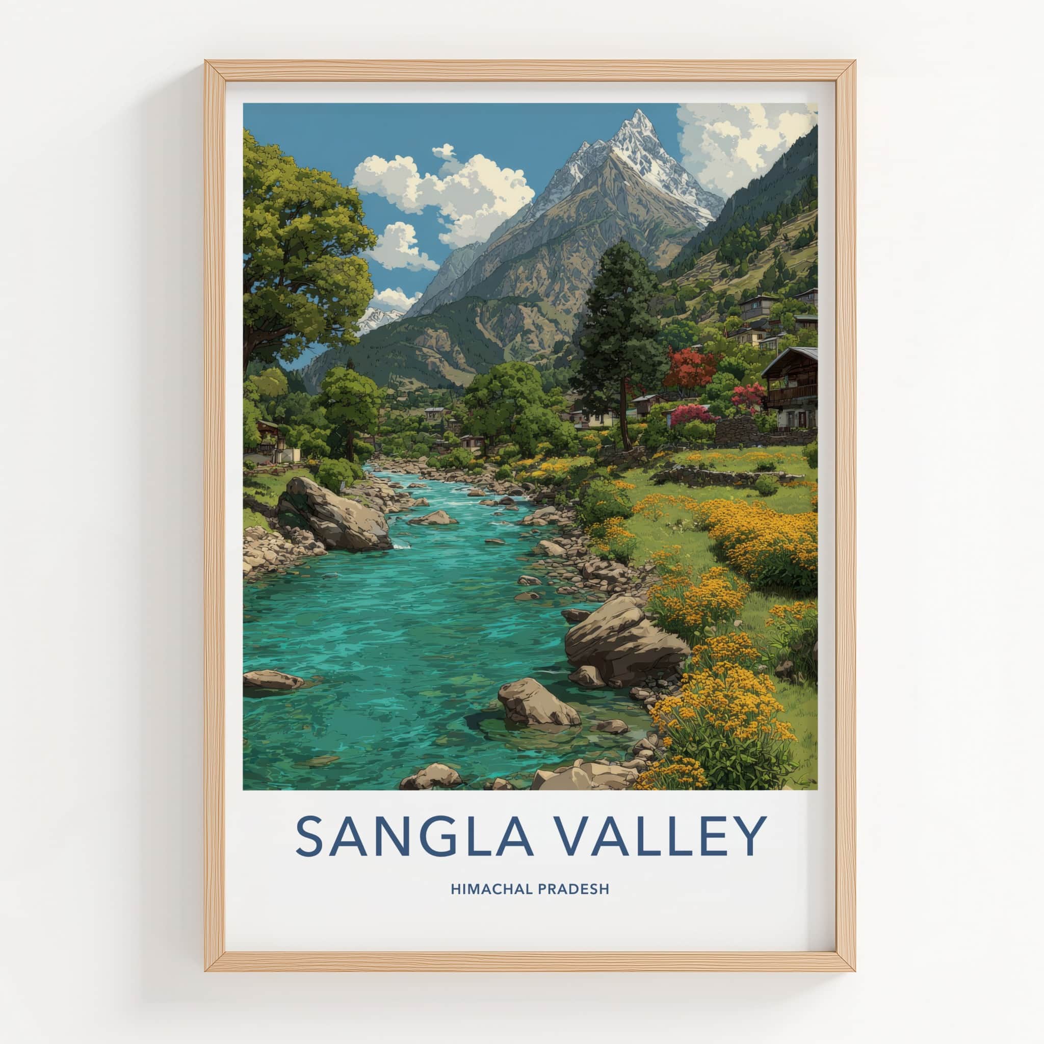 Sangla Valley Poster - India Himachal Pradesh Mountain River Village Wall Art