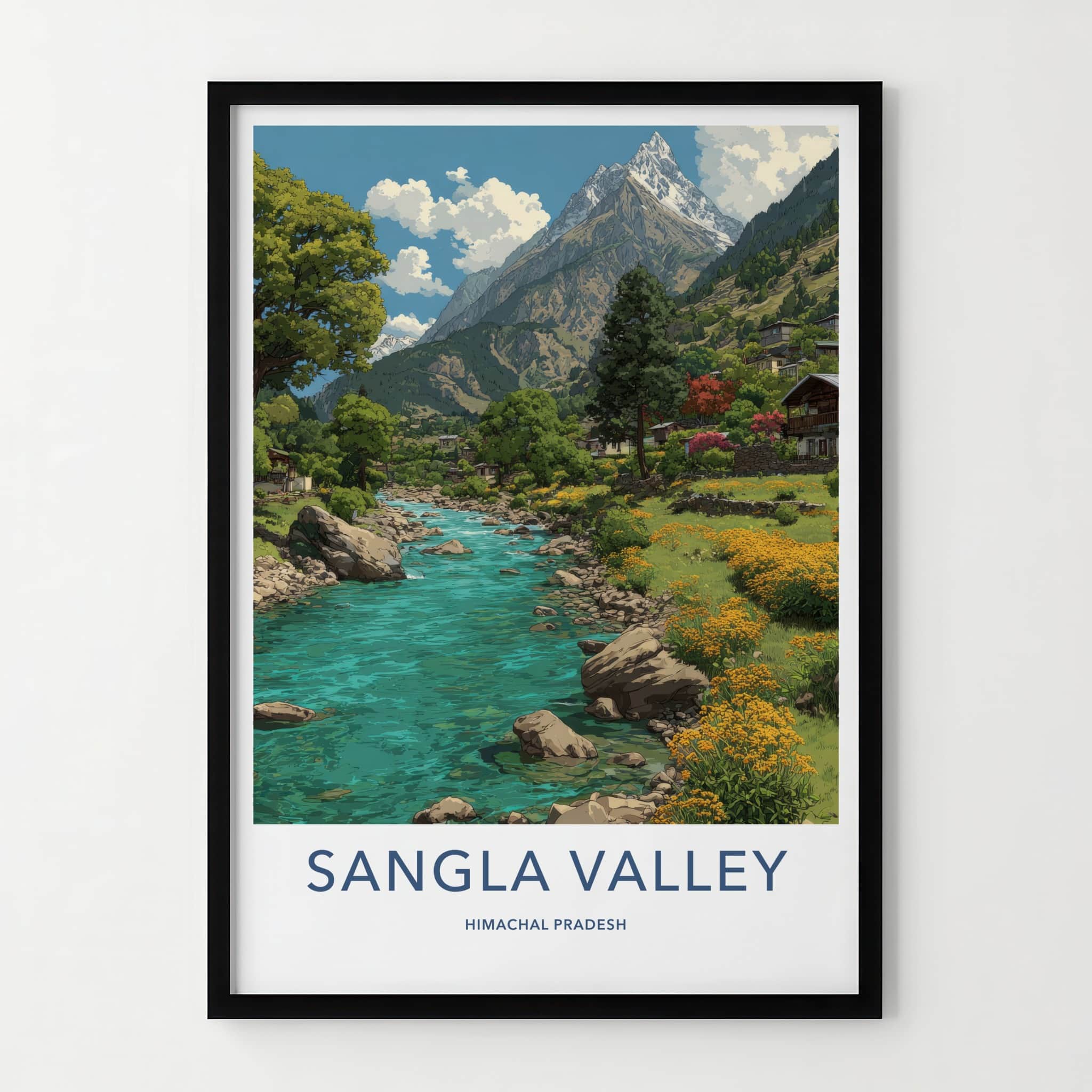 Sangla Valley Poster - India Himachal Pradesh Mountain River Village Wall Art