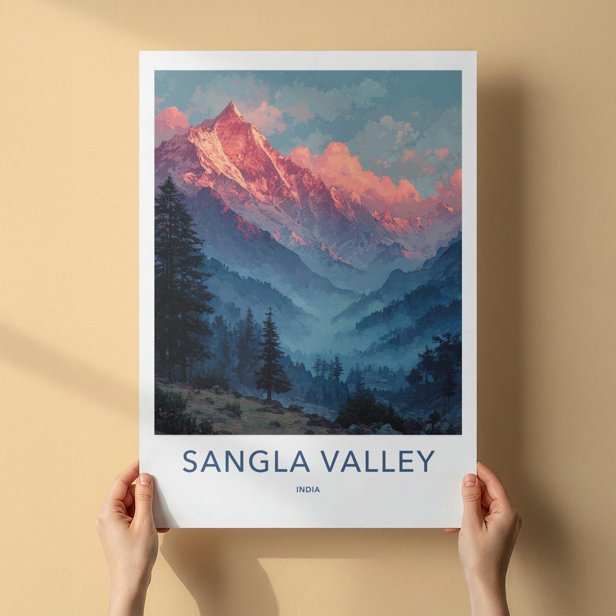 Sangla Valley Poster - India Wall Art - Himachal Pradesh Red Sunset Peaks Gift