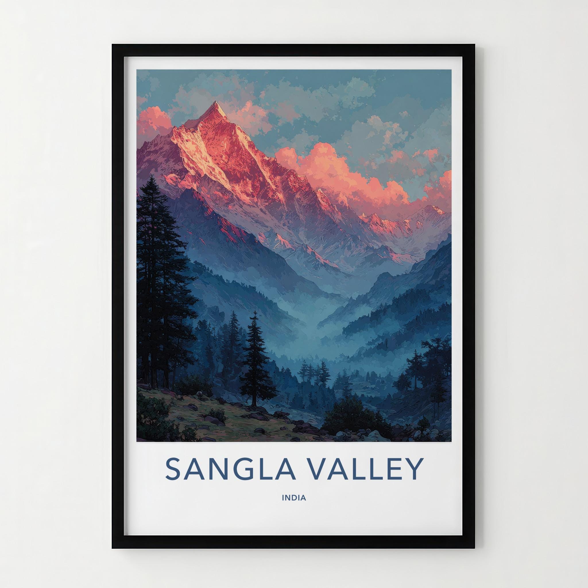 Sangla Valley Poster - India Wall Art - Himachal Pradesh Red Sunset Peaks Gift