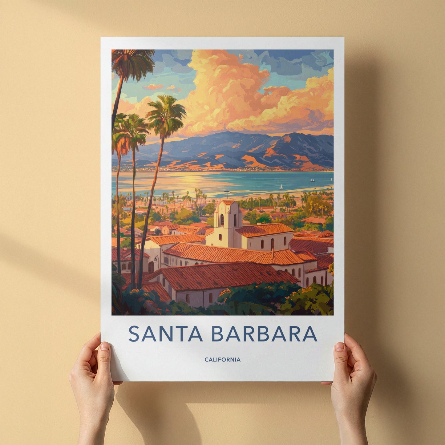 Santa Barbara Poster - California Travel Art - Coastal Mission Sunset Home Decor