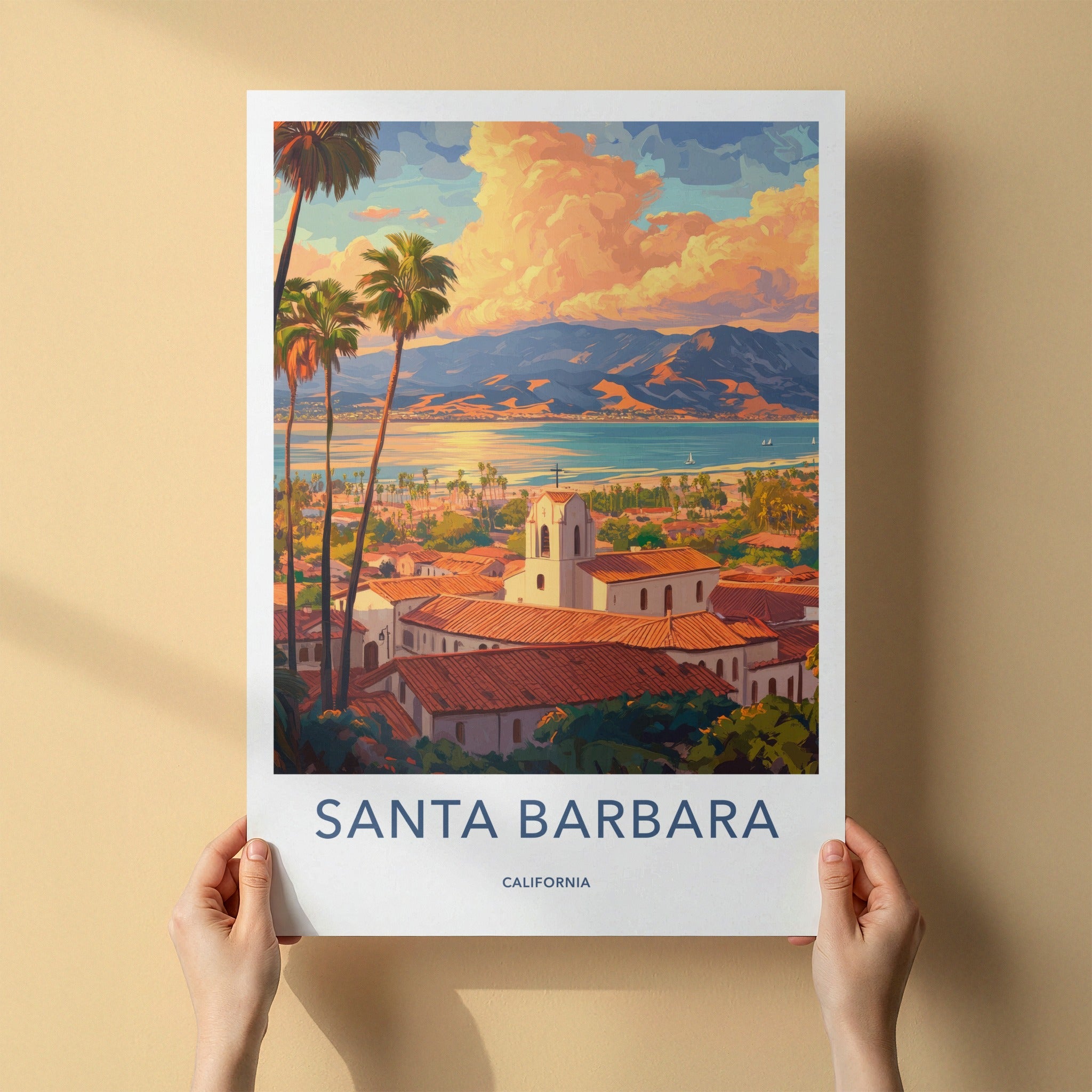 Santa Barbara Poster - California Travel Art - Coastal Mission Sunset Home Decor
