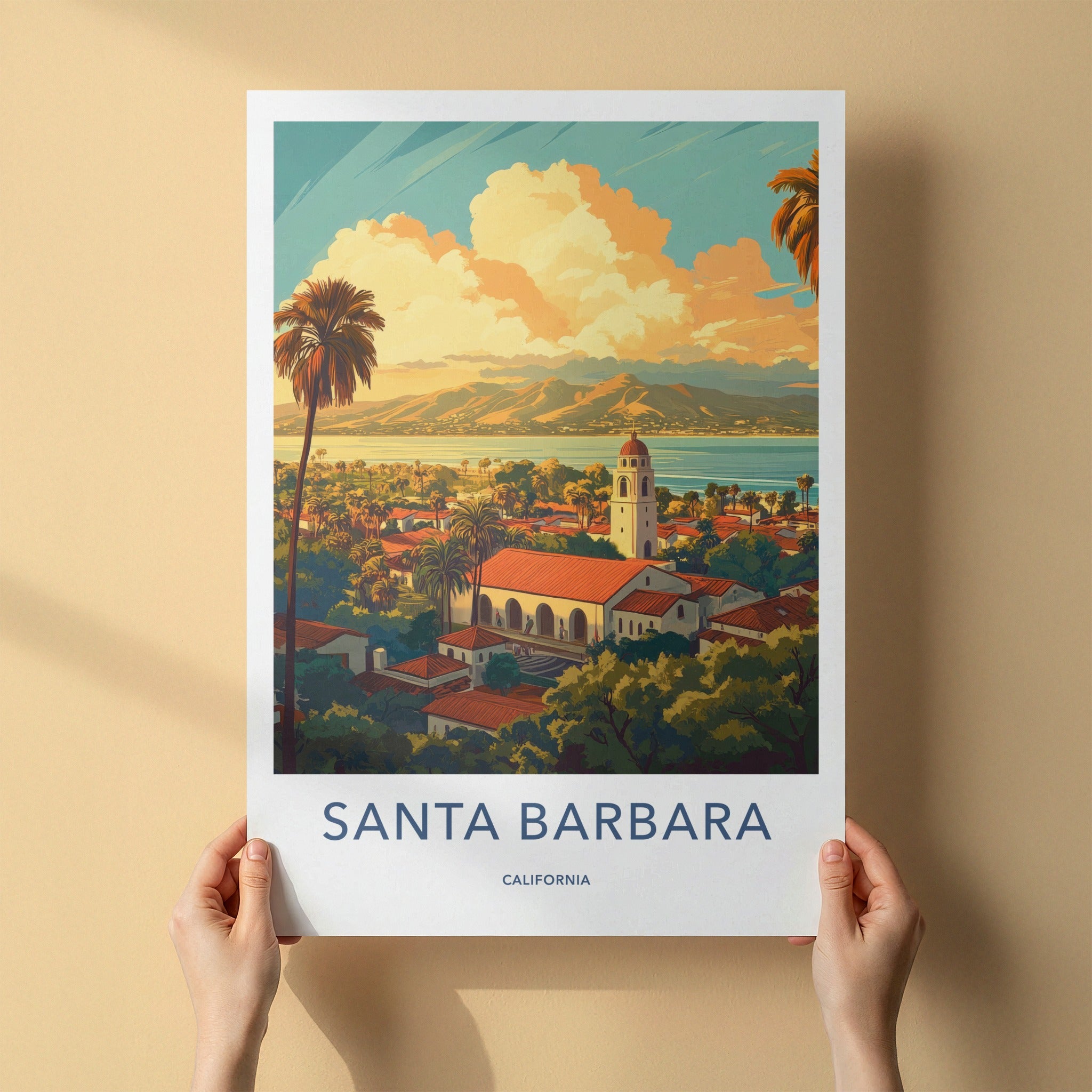 Santa Barbara Poster - California Travel Art - Coastal Mission View Home Decor