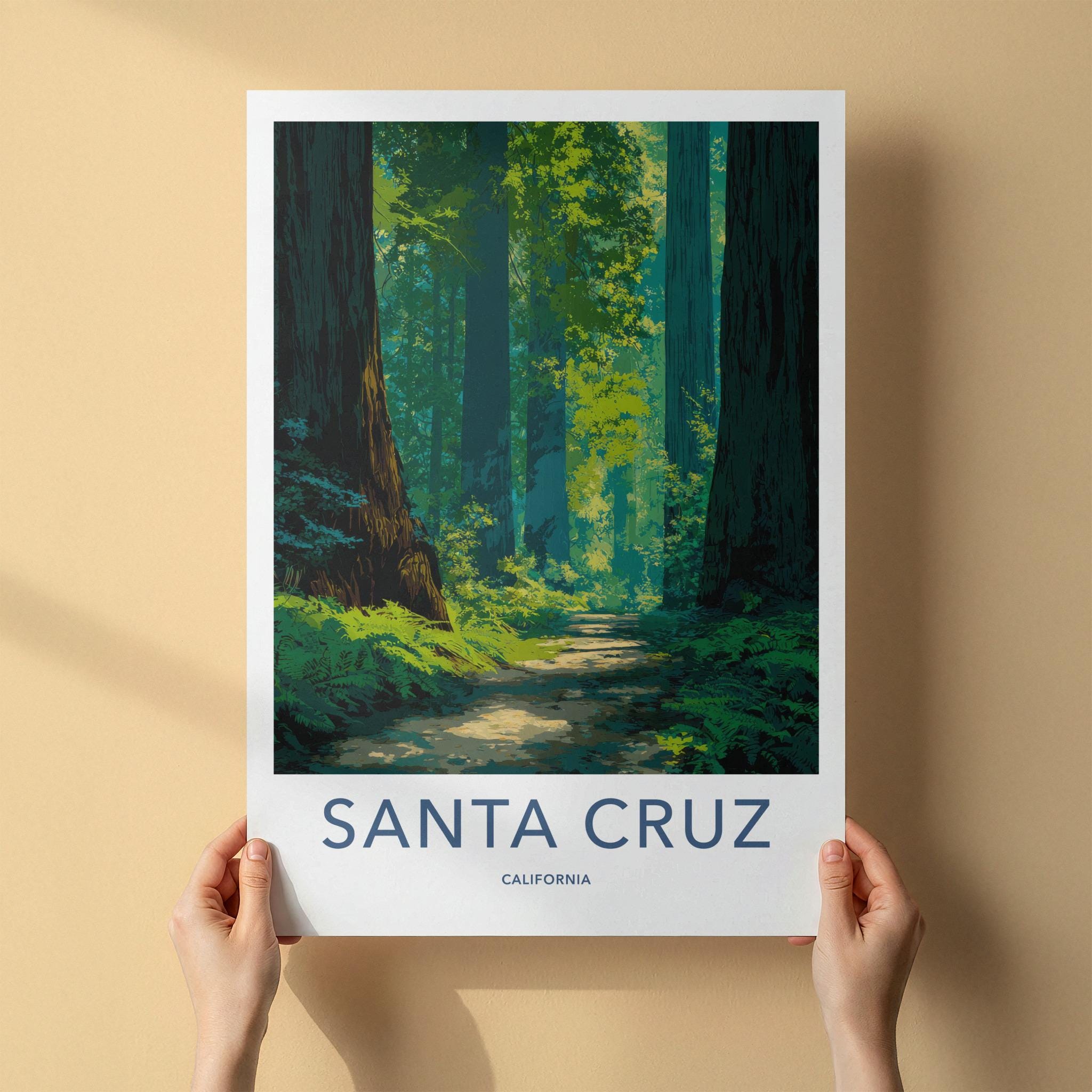 Santa Cruz Poster - California Travel Art - Redwood Forest Path Wall Decor