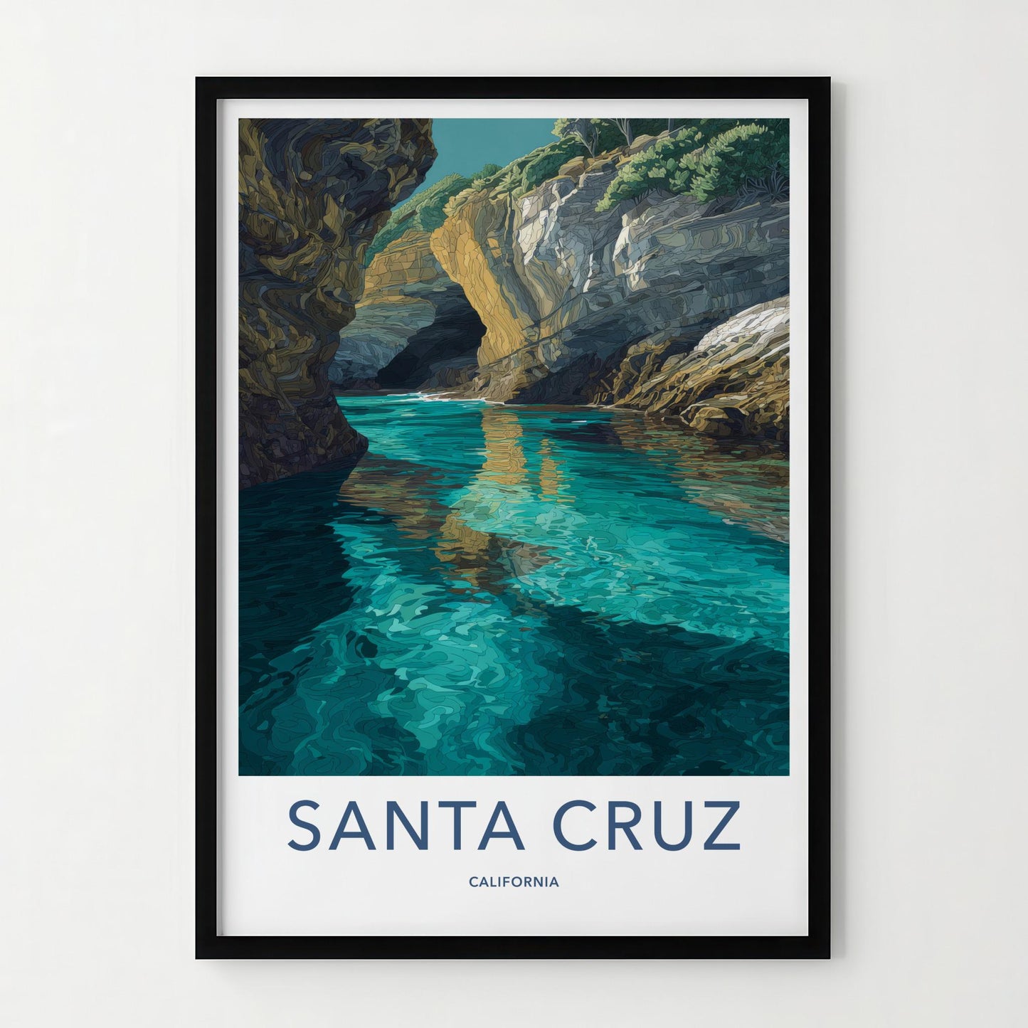 Santa Cruz Poster - California Travel Art - Turquoise Water Caves Wall Decor