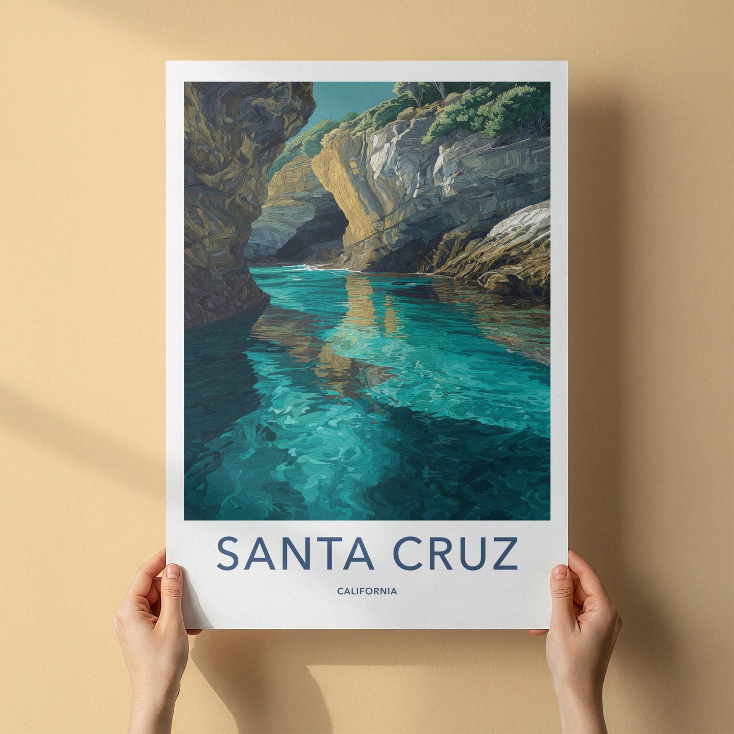 Santa Cruz Poster - California Travel Art - Turquoise Water Caves Wall Decor