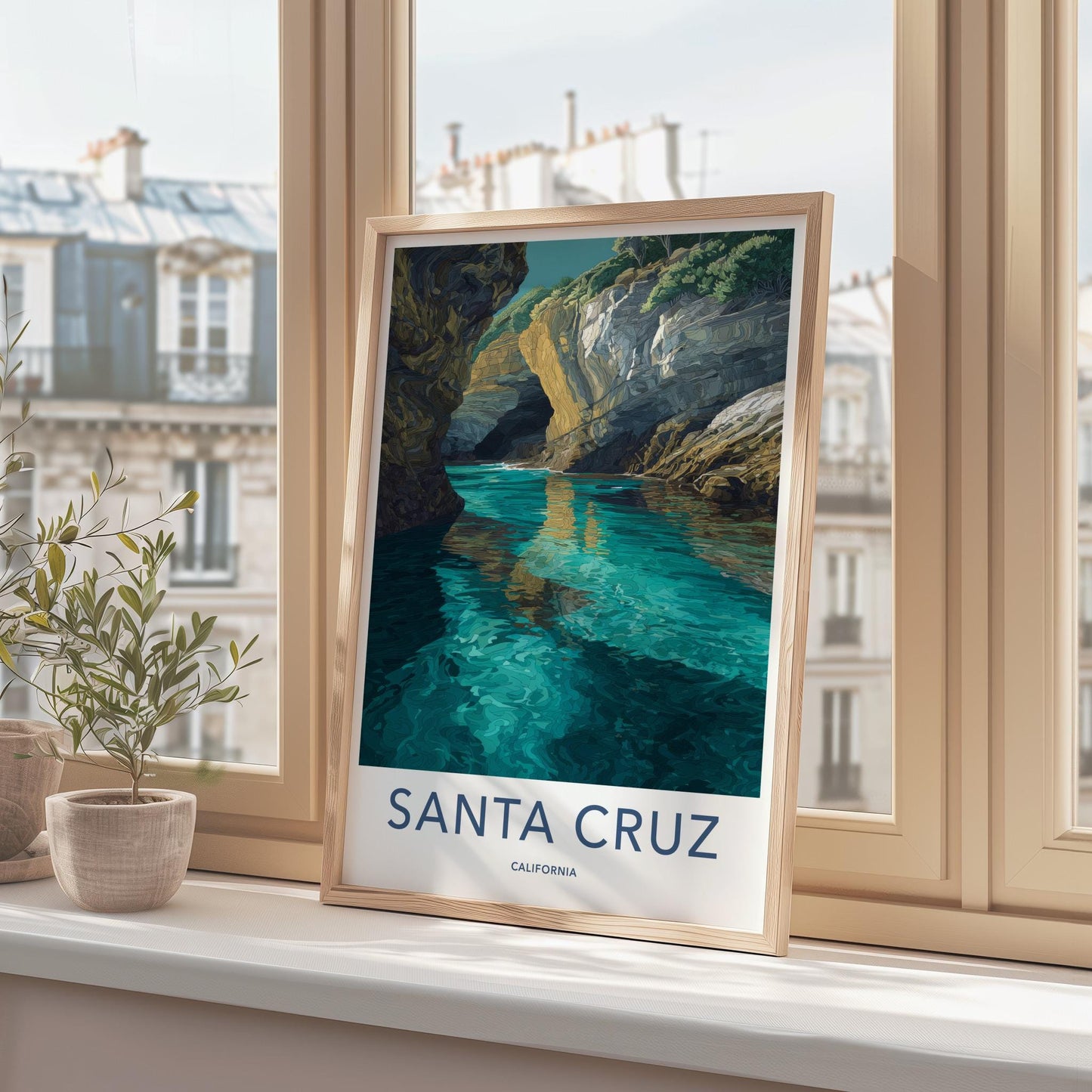 Santa Cruz Poster - California Travel Art - Turquoise Water Caves Wall Decor