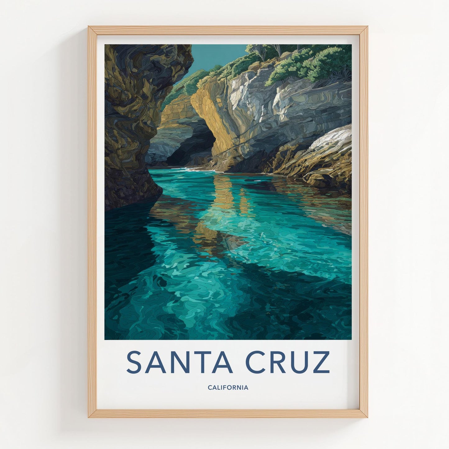 Santa Cruz Poster - California Travel Art - Turquoise Water Caves Wall Decor