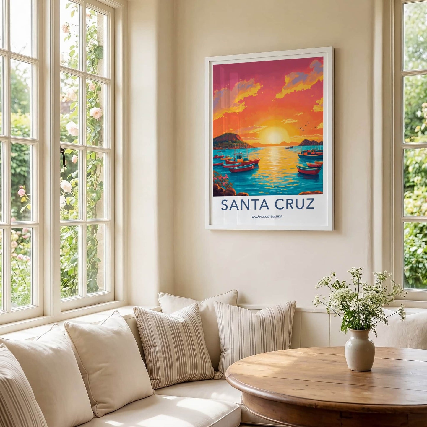 Santa Cruz Poster - Ecuador Travel Art - Boats Sunset Ocean Home Decor