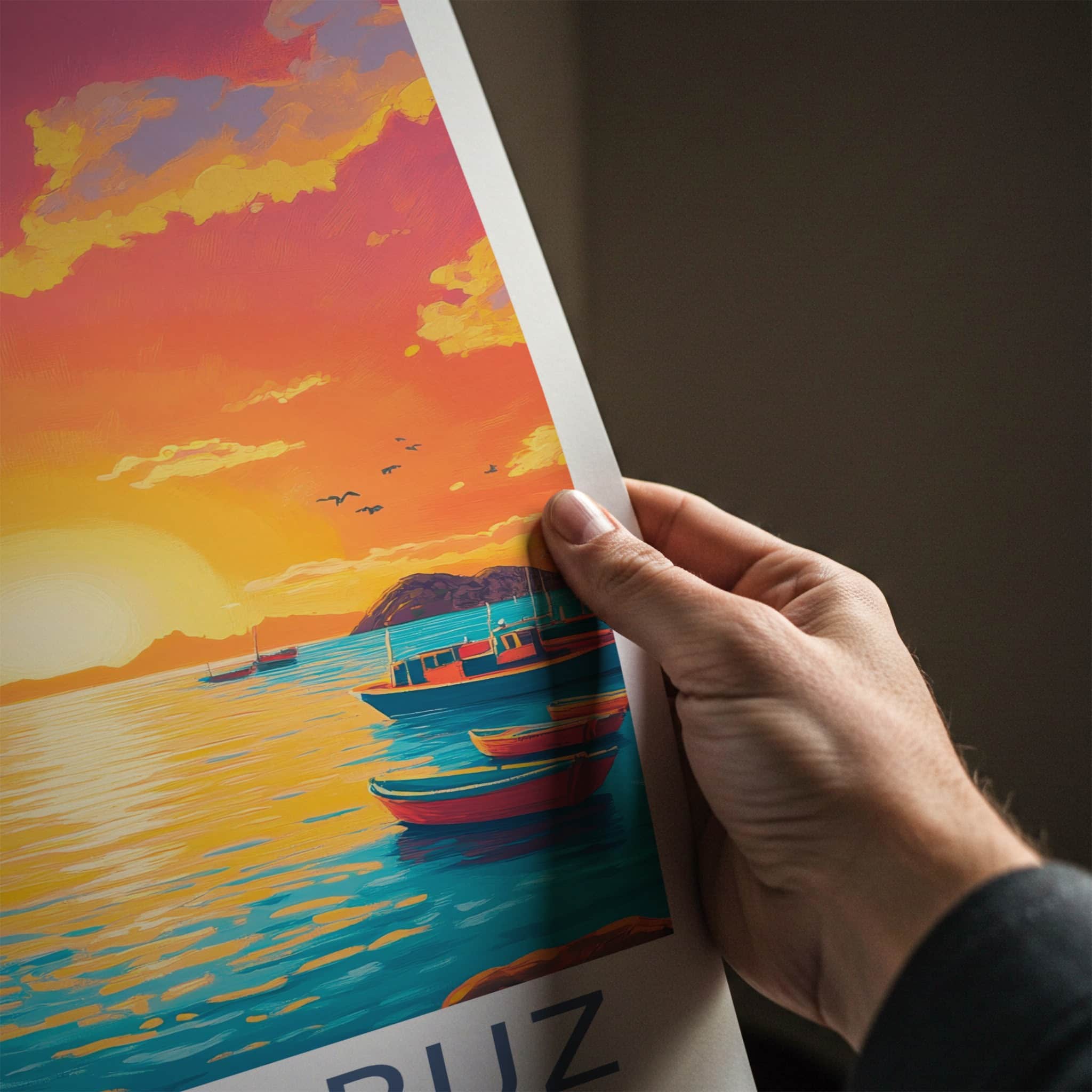 Santa Cruz Poster - Ecuador Travel Art - Boats Sunset Ocean Home Decor